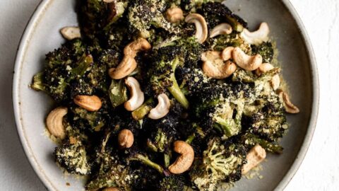 chili roasted broccoli with cashews and nutritional yeast.