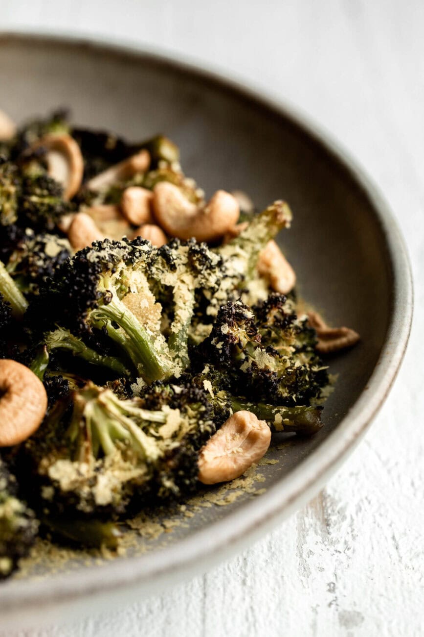 Chili Oil Roasted Broccoli with Cashews and nutritional yeast.