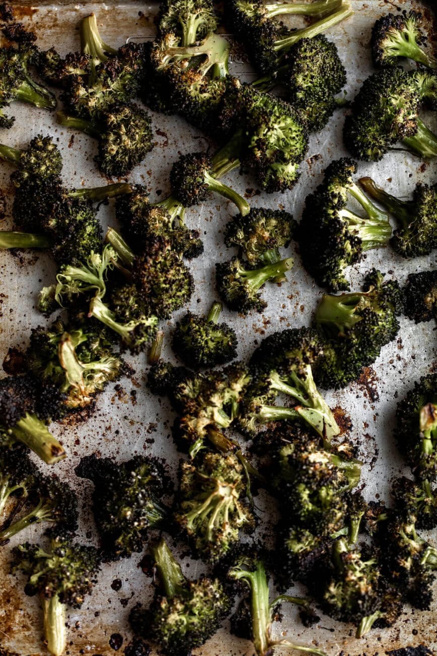 roasted broccoli florets in chili oil.