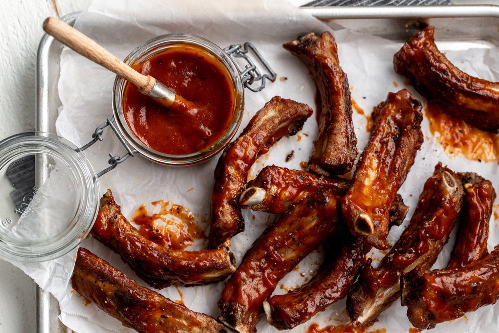 Chipotle Peach BBQ Fried Ribs with extra BBQ sauce