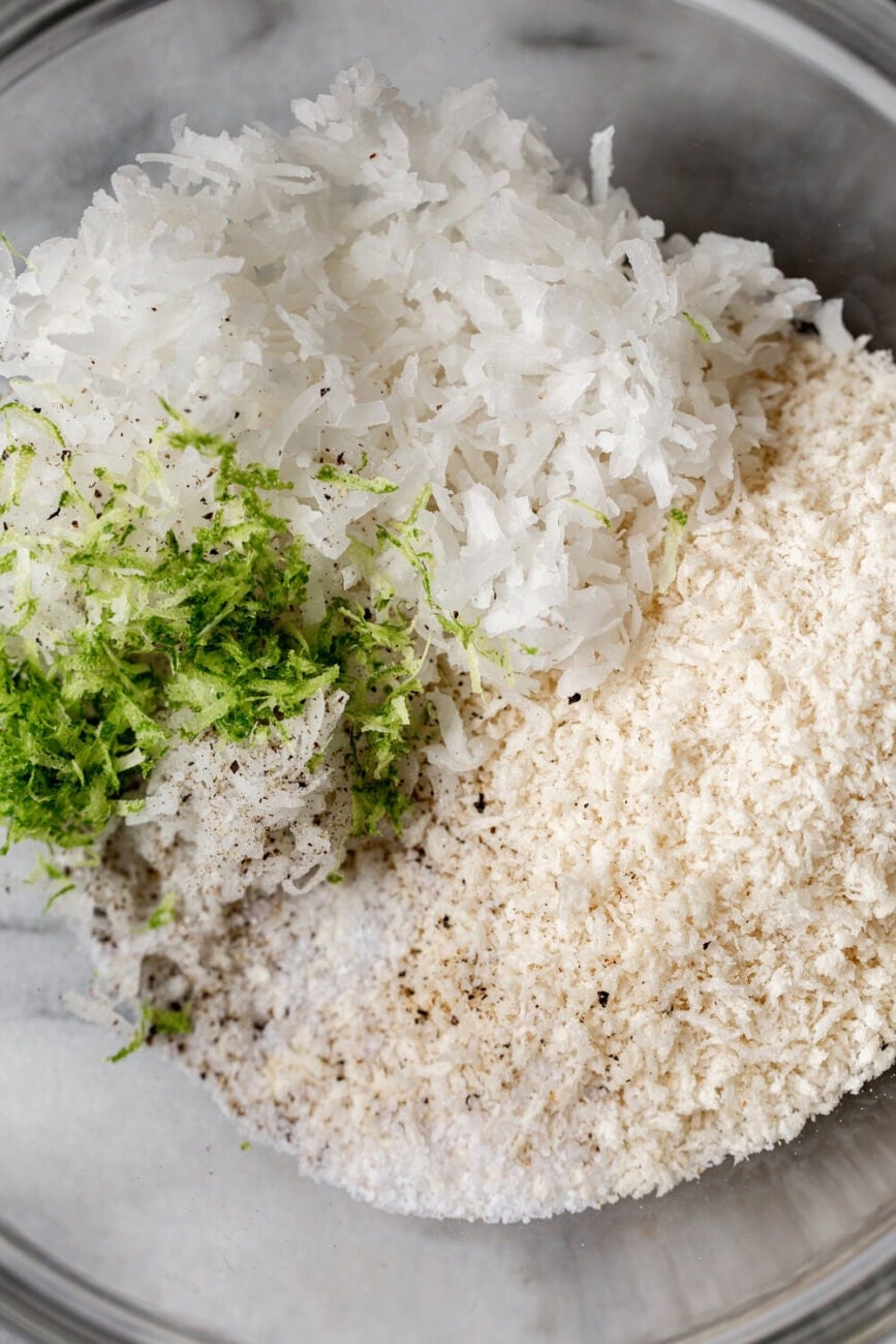 coconut shrimp ingredients panko and shredded coconut.