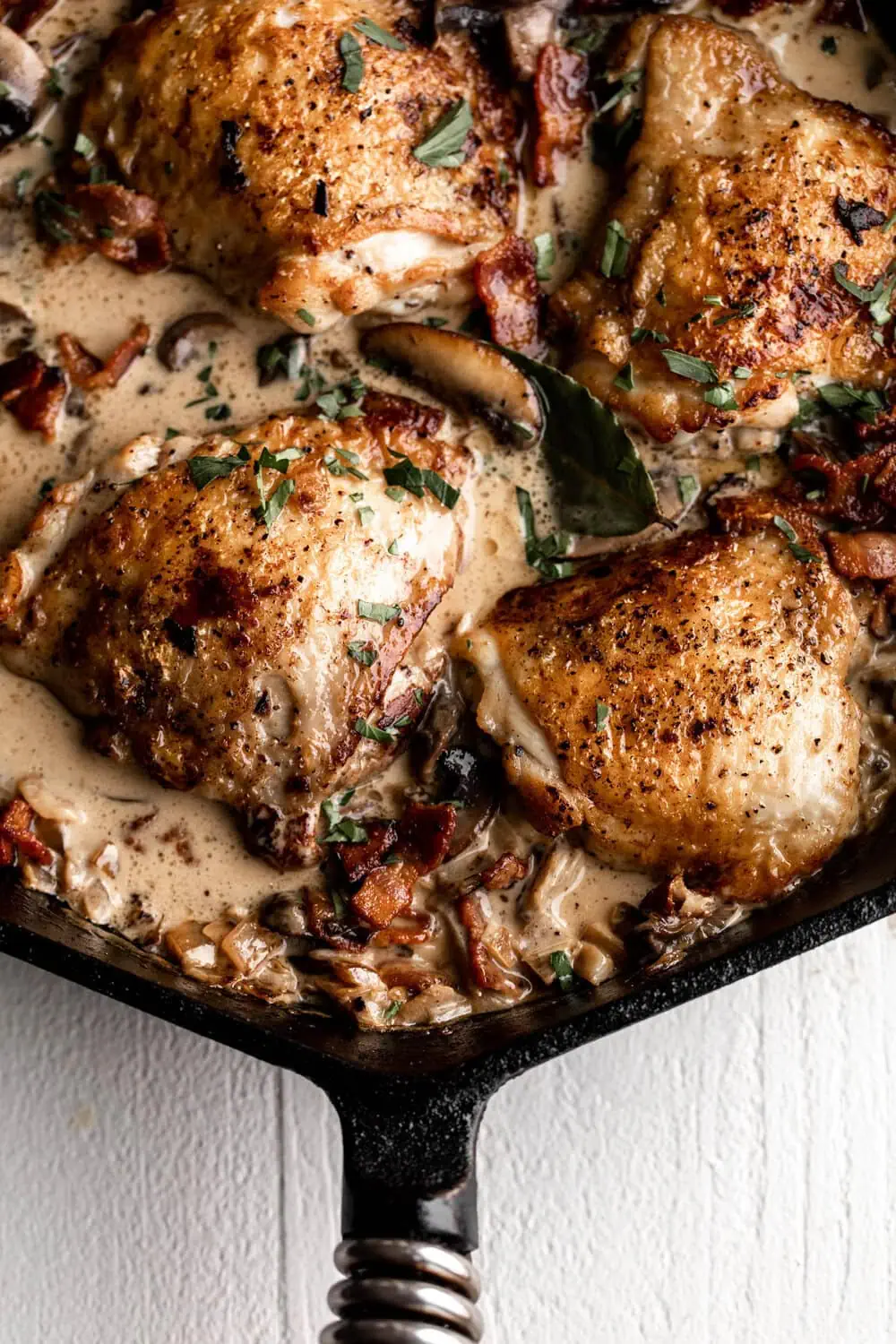 Coq Au Vin Blanc with mushrooms and bacon in a creamy white wine sauce