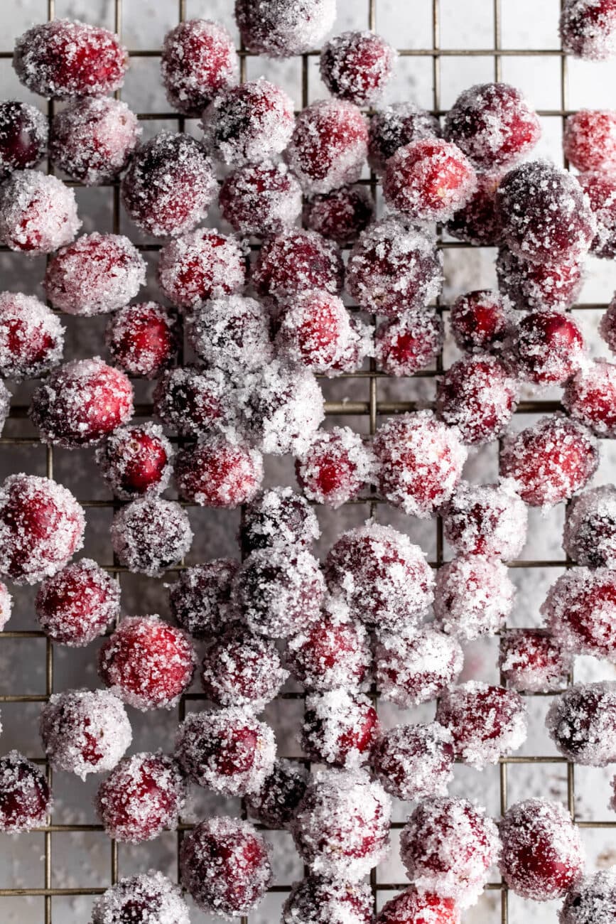 sugared cranberries to be used as decor on the cranberry pie.