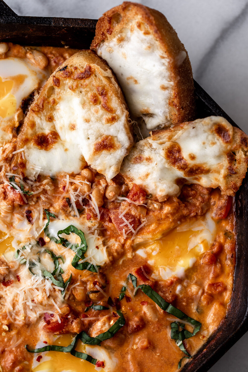 Creamy Italian Eggs in Purgatory with Shallow-fried Mozzarella Bread