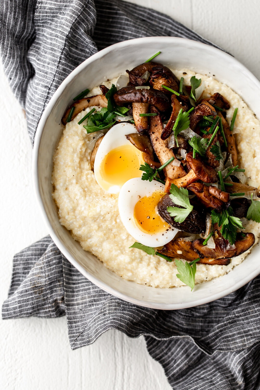 Creamy Ricotta Polenta with Roasted Mushrooms and Leeks with soft boiled eggs