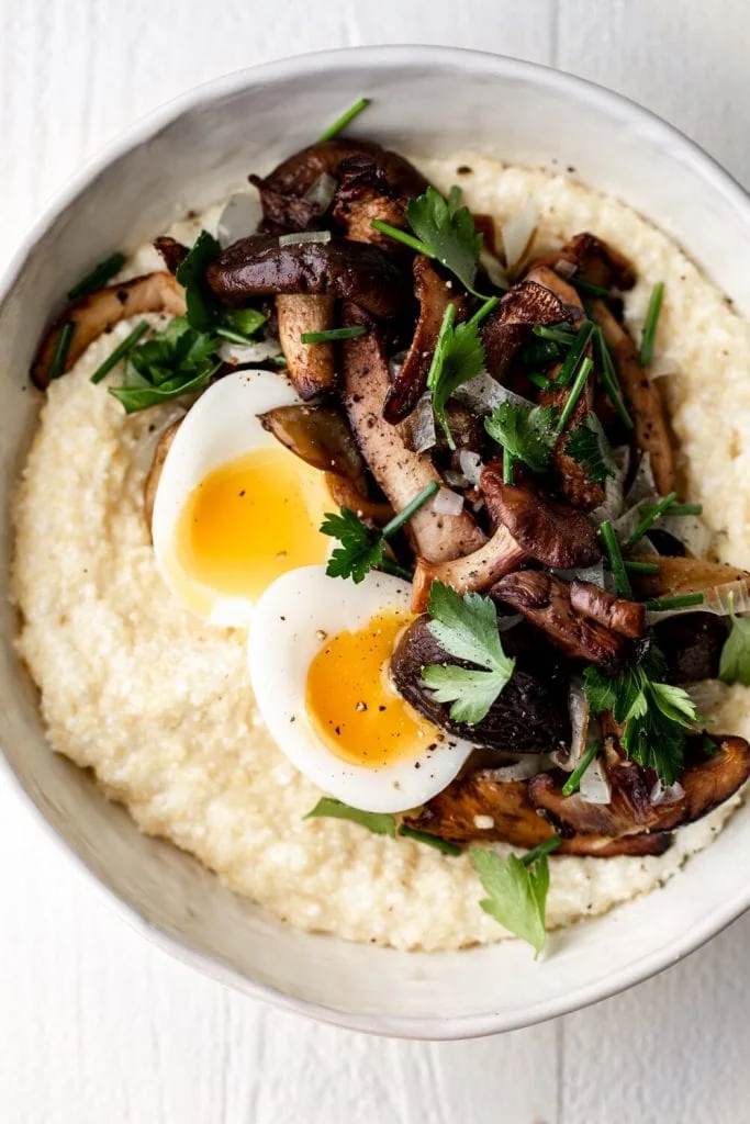 Creamy Ricotta Polenta with Sautéed Mushrooms and Leeks