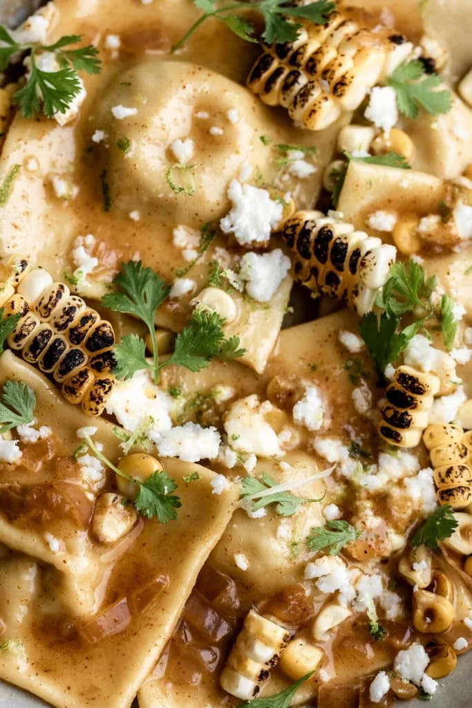 Elote-Style Sweet Corn Ravioli in Chili Butter Sauce