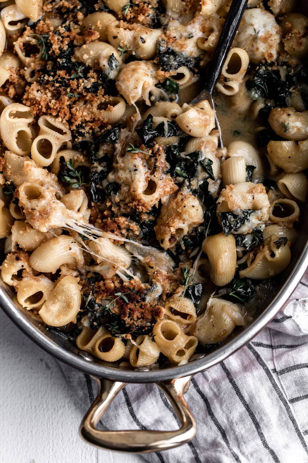 French Onion Soup Pasta with serving spoon.
