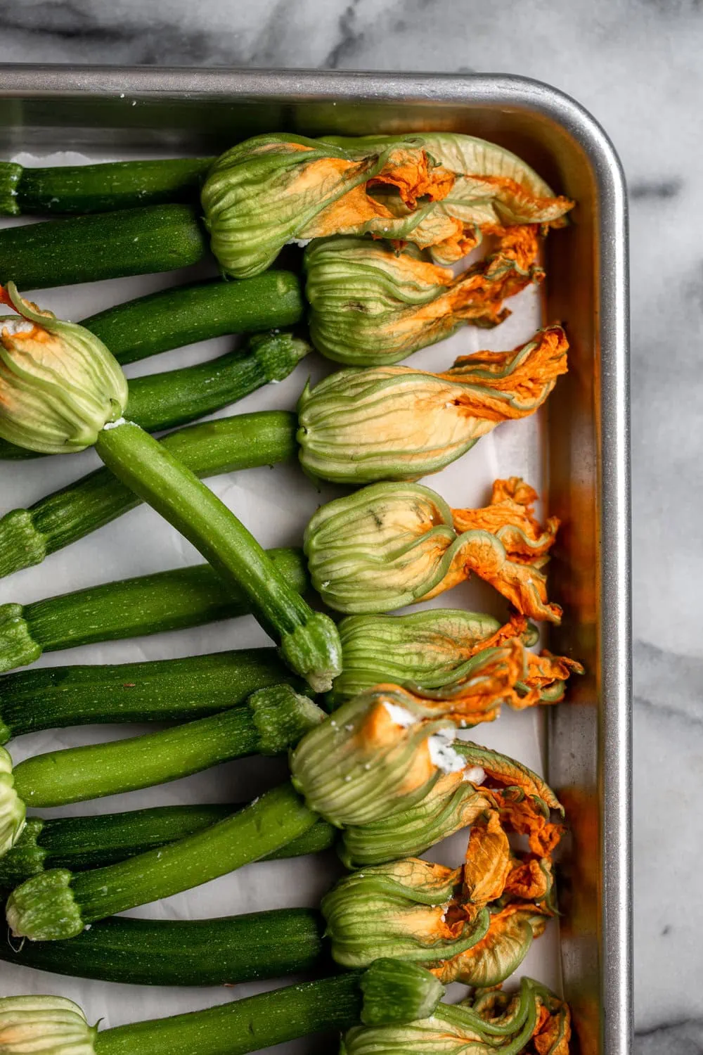 squash blossoms with baby zucchini filled with ricotta mixture