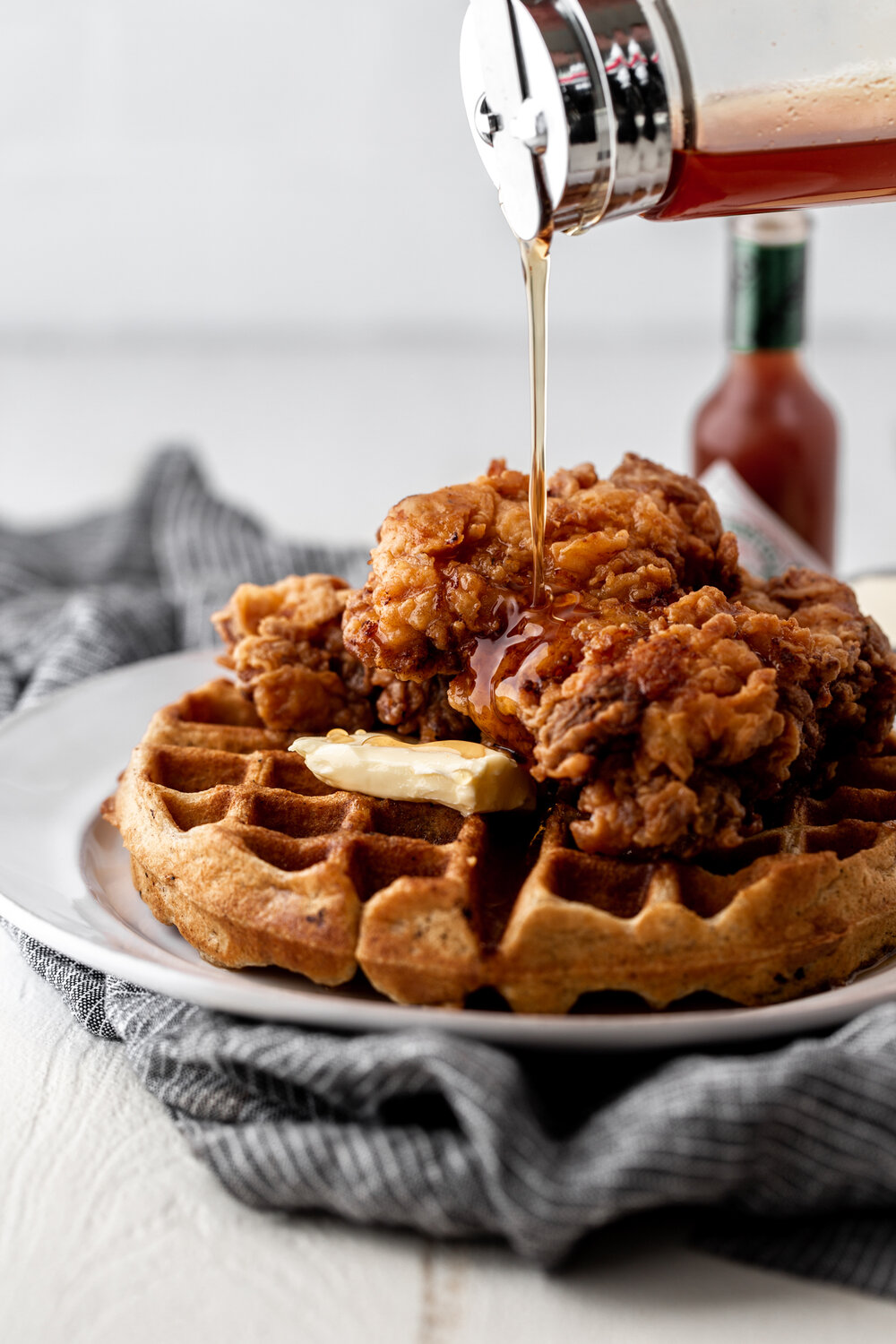 Fried Chicken And Waffles With Hot Sauce Maple Syrup Cooking With Cocktail Rings