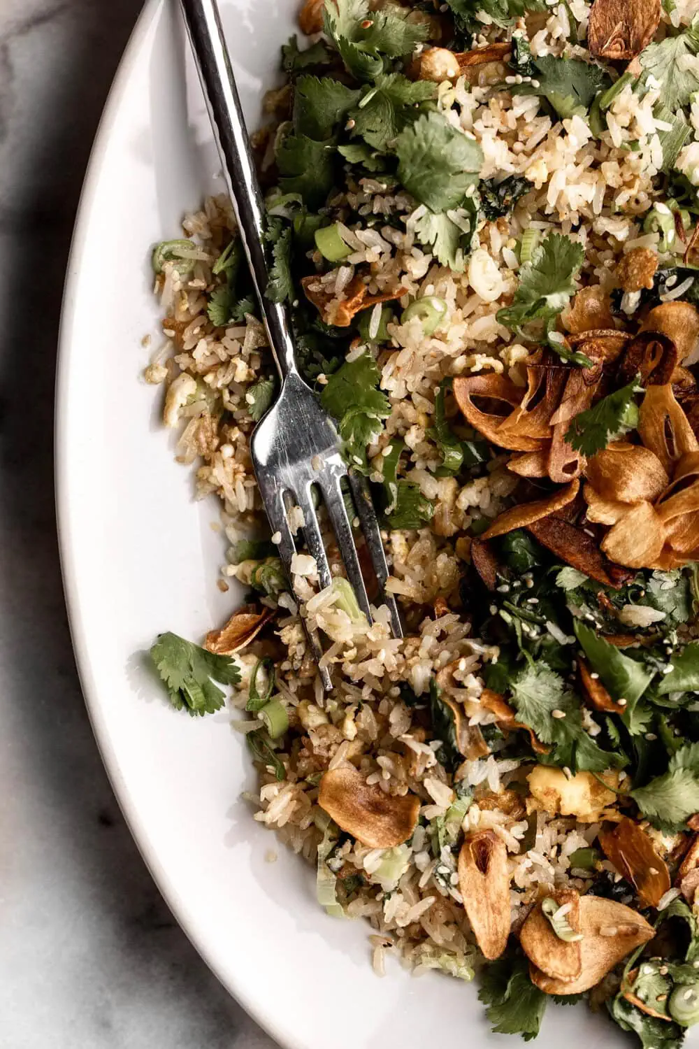 double garlic fried rice with crispy slices of fried garlic and cilantro