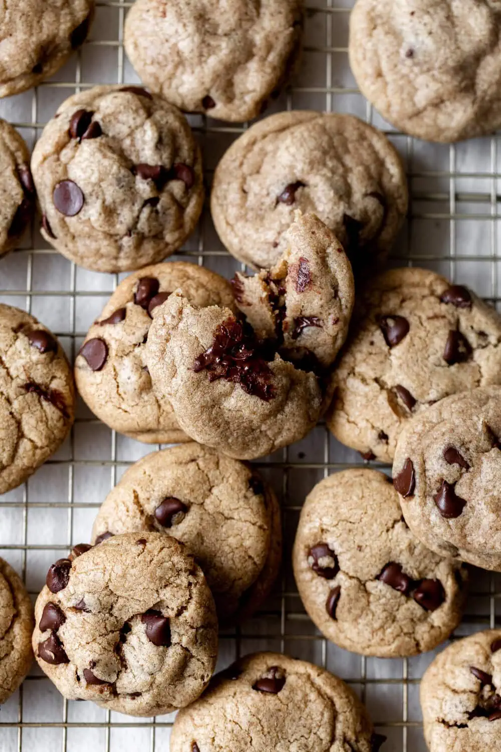 Grandma Mary's Chocolate Chip Cookies stacked on baking rack