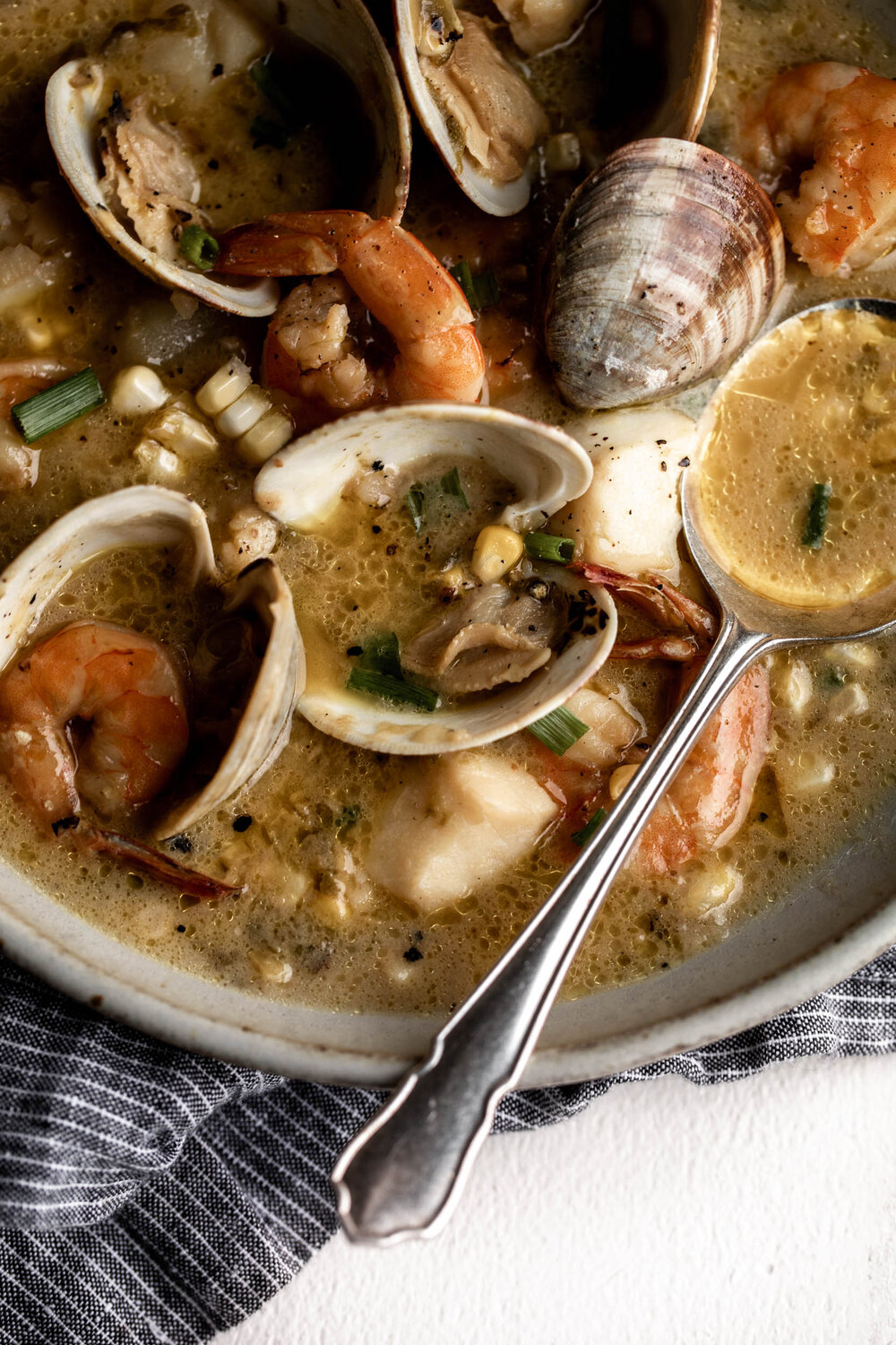 Green Chili and Corn Seafood Chowder with clams and shrimp