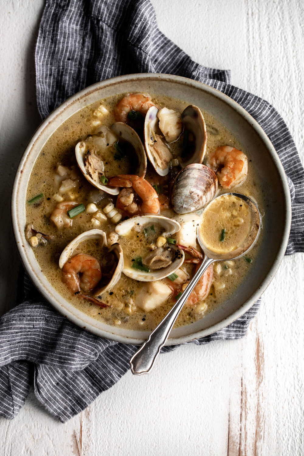 This Southwestern-inspired seafood chowder is made from roasted green chilies with corn kernels, shrimp, clams and halibut.