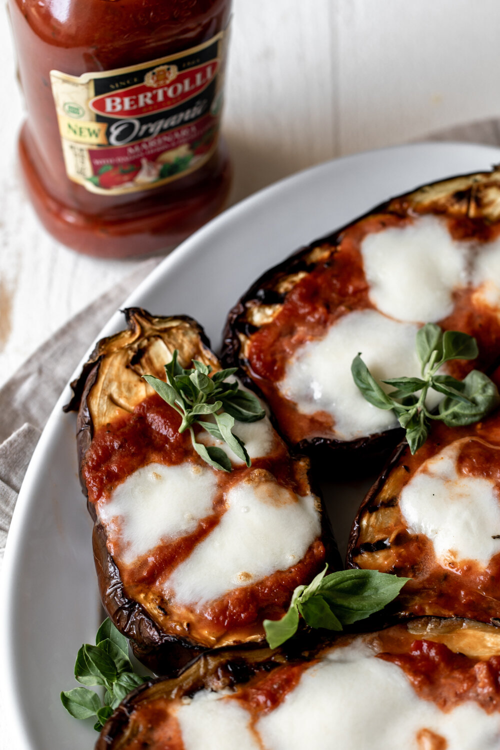 Grilled Eggplants topped with Marinara, Mozzarella & Basil