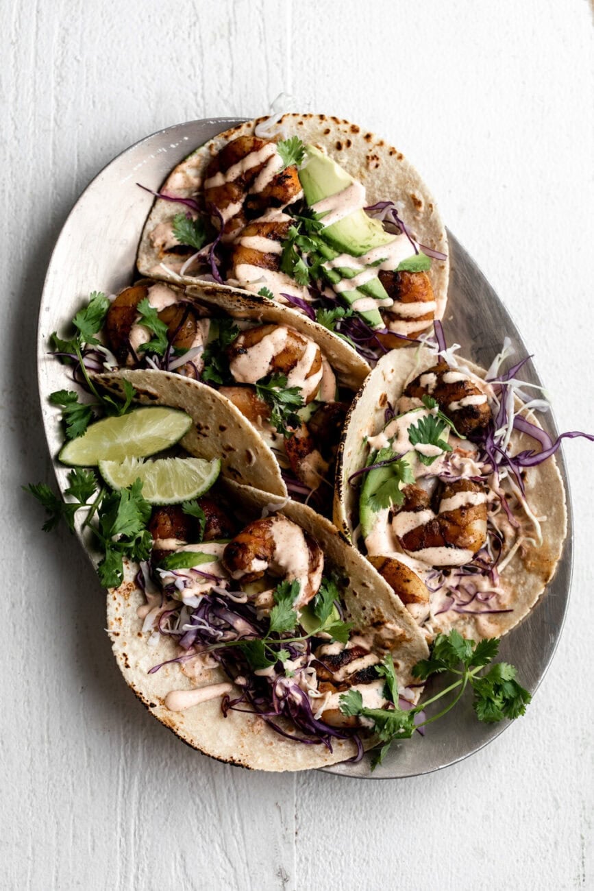 Grilled Honey Lime Shrimp Tacos on platter.