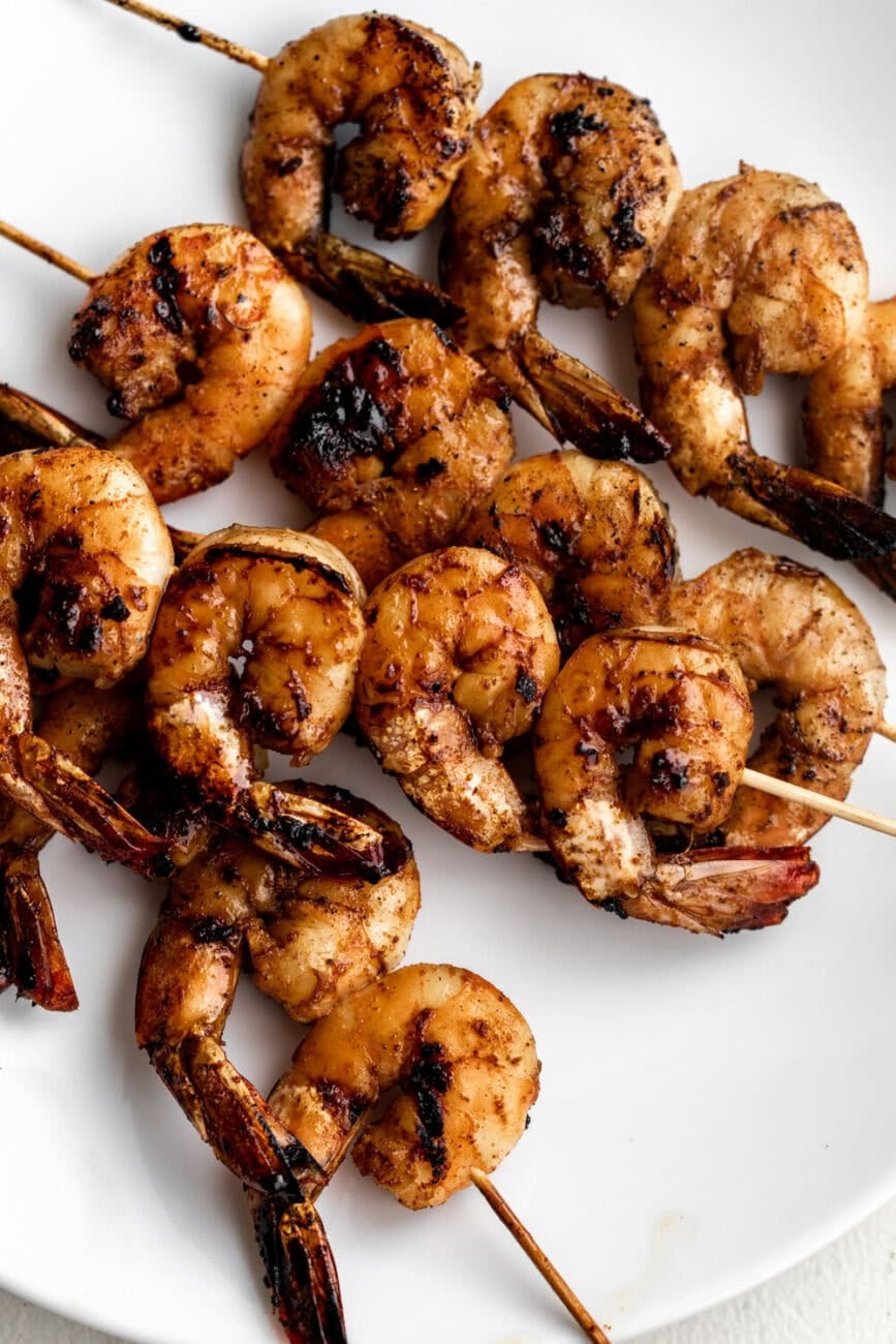 marinated tequila lime honey shrimp on skewers.