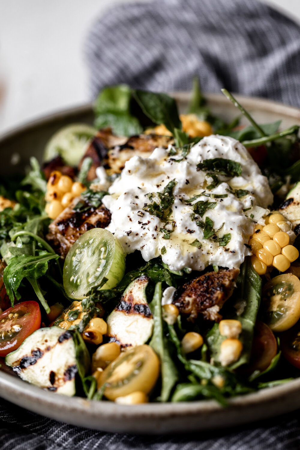 Heirloom Tomato & Grilled Veggie Salad with Burrata & Basil Vinaigrette