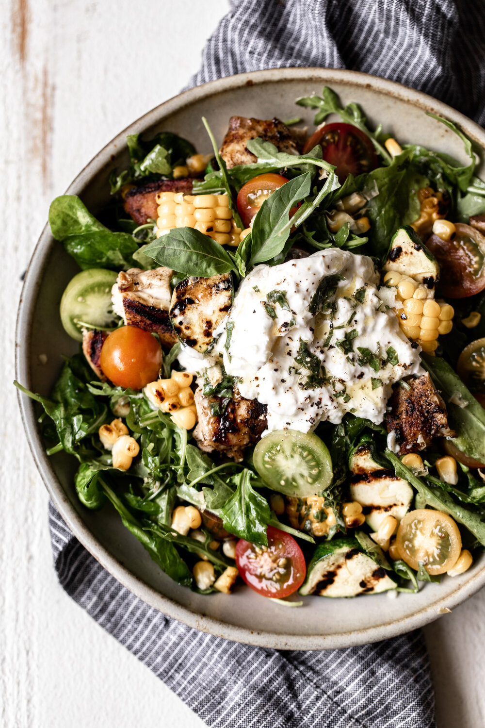 Heirloom Tomato Grilled Veggie Salad with Burrata Basil