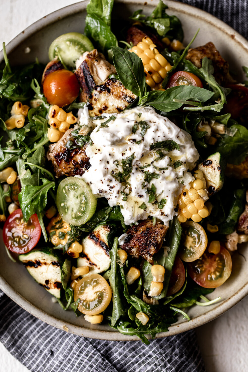 Heirloom Tomato & Grilled Veggie and Salad with Burrata & Basil Vinaigrette recipe 