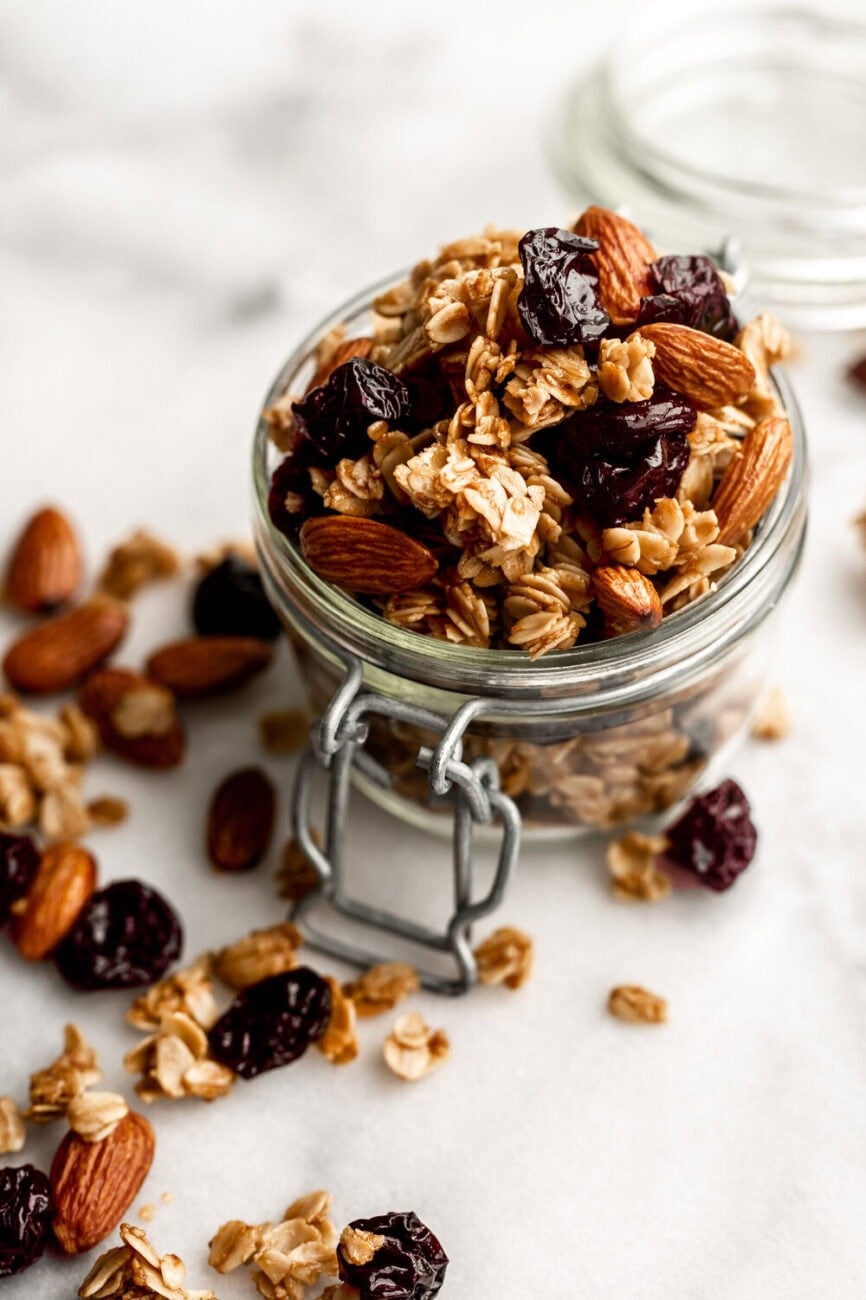 Homemade Tart Cherry Honey Granola with almonds.