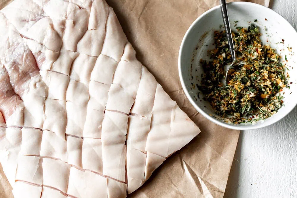 Homemade Porchetta with pork belly 