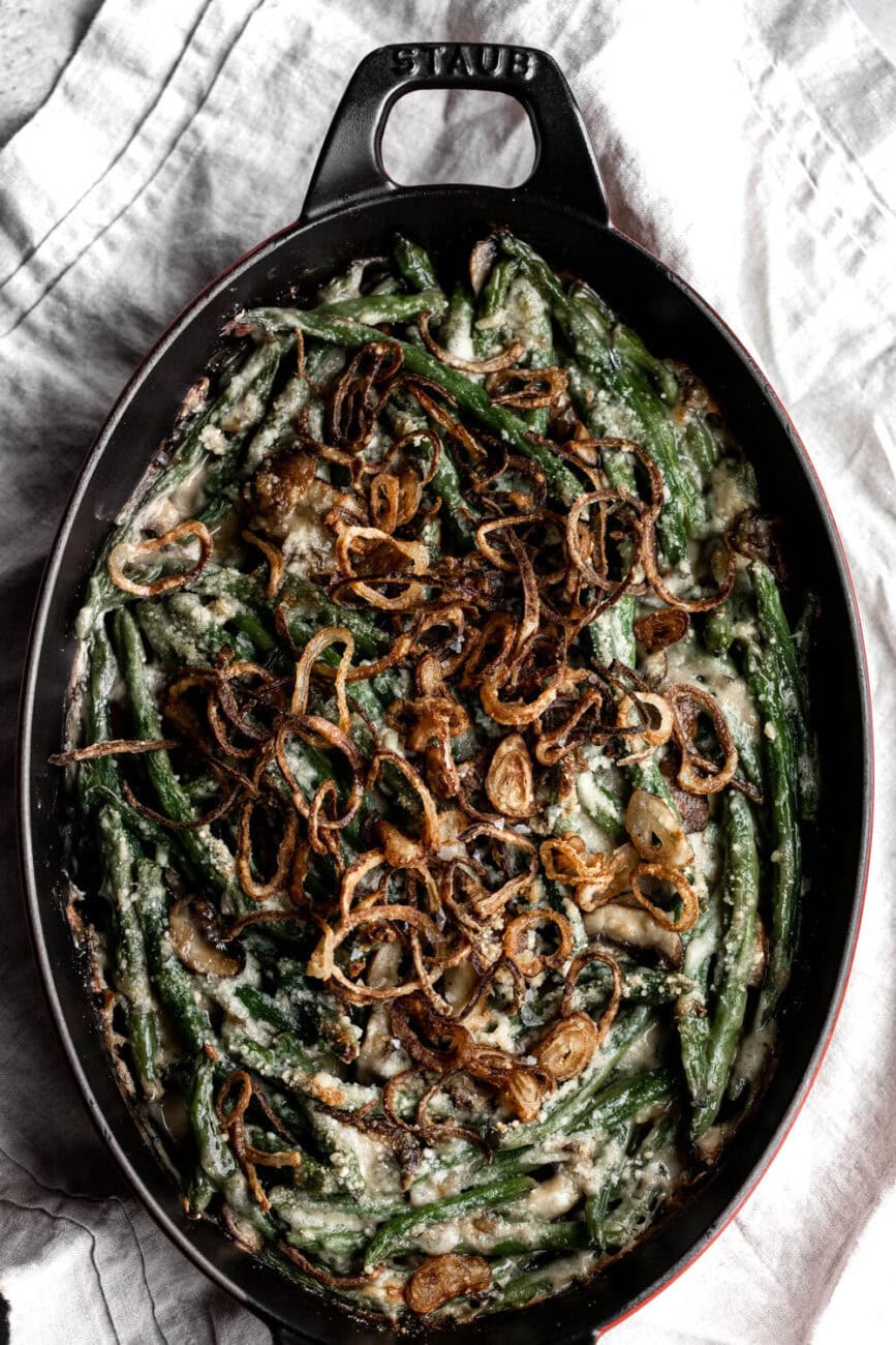 Homestyle Green Bean Casserole from scratch with crispy shallots.