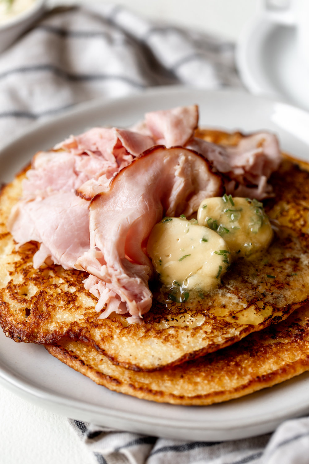 Johnnycakes with Ham and Scallion-Maple Butter