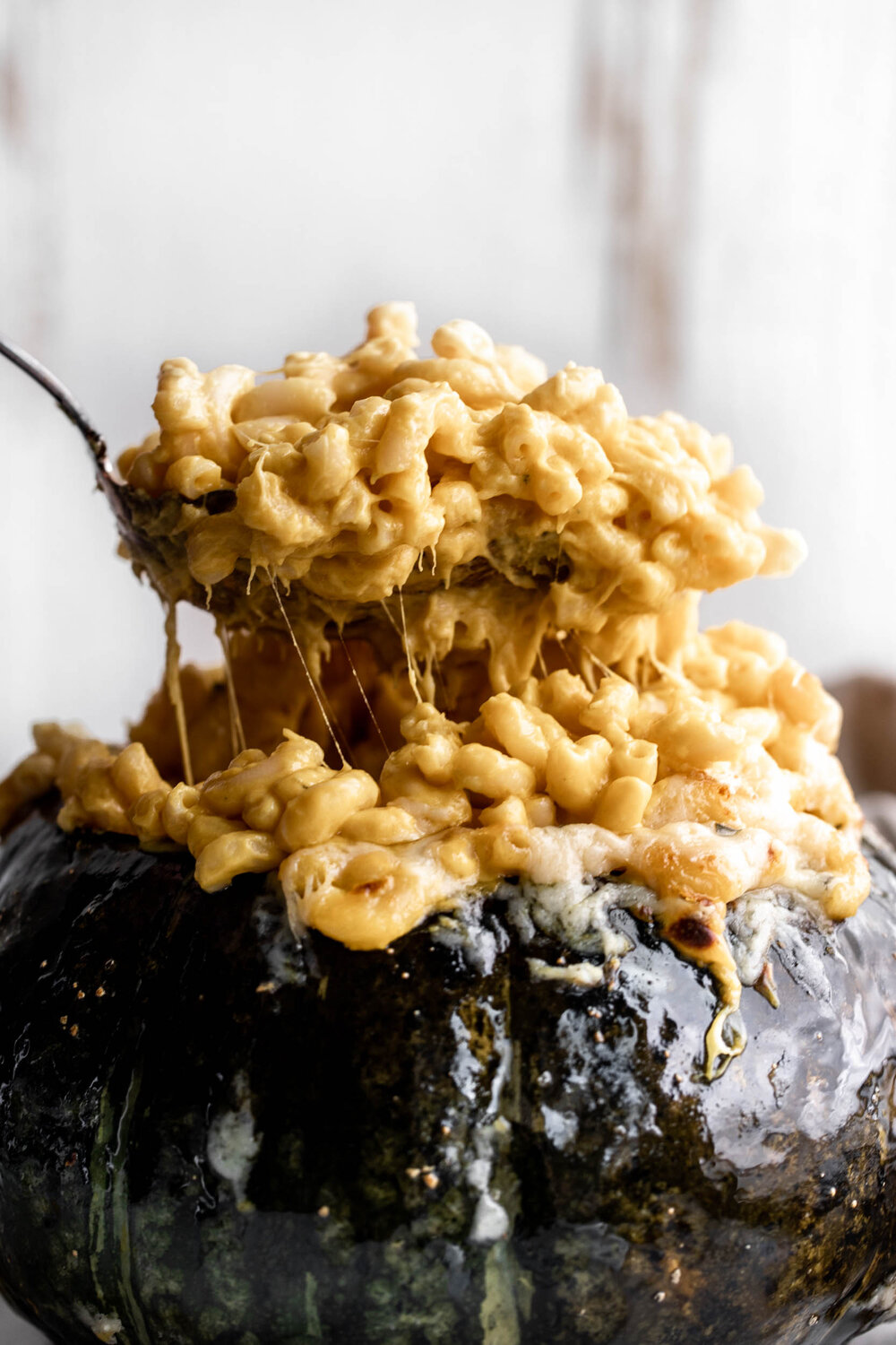 Kabocha Squash Mac and Cheese closeup on spoon