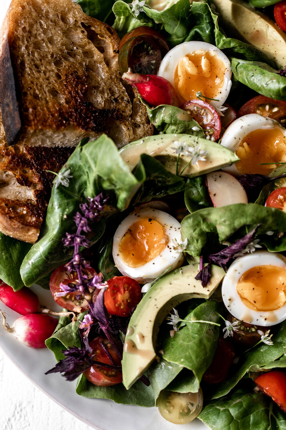 Late Summer Salad with Jammy Eggs and Creamy Balsamic Vinaigrete with avocado