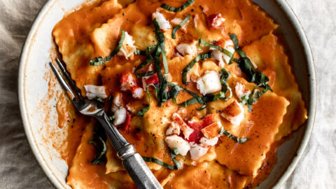 lobster ravioli with vodka sauce.
