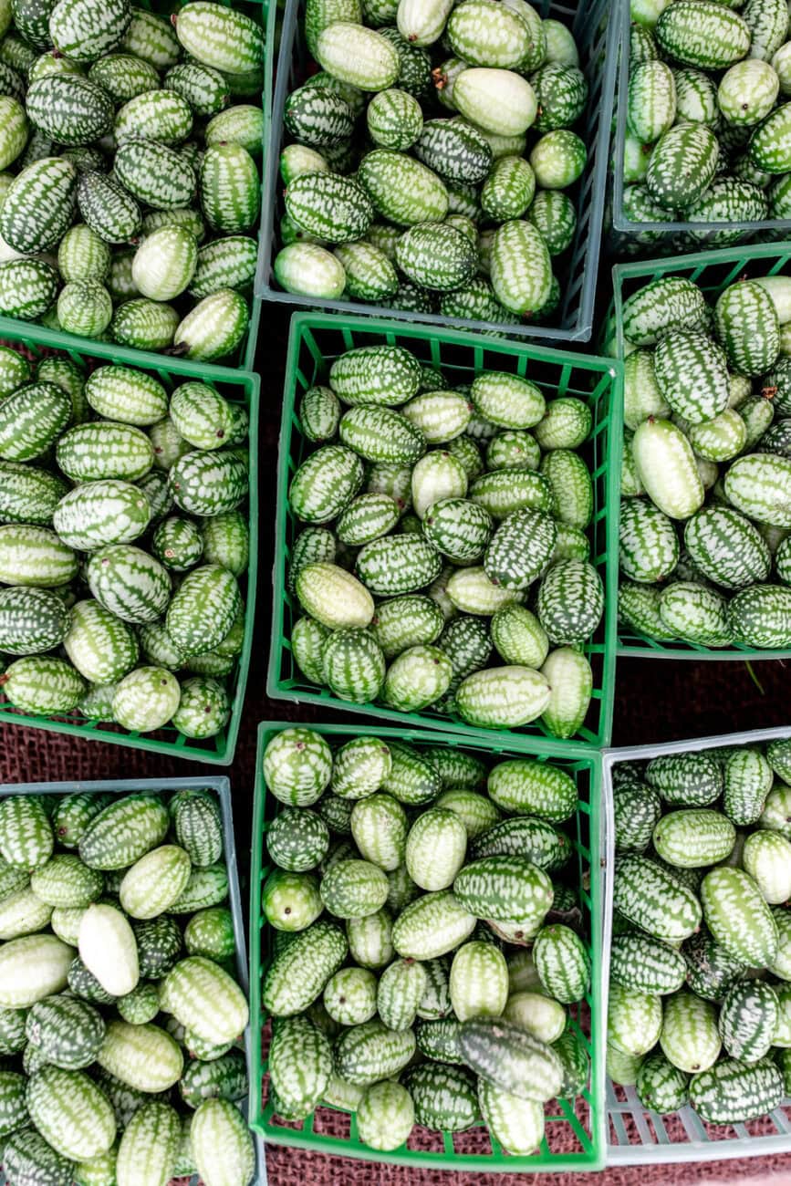 cucamelons at farmers market in small baskets.