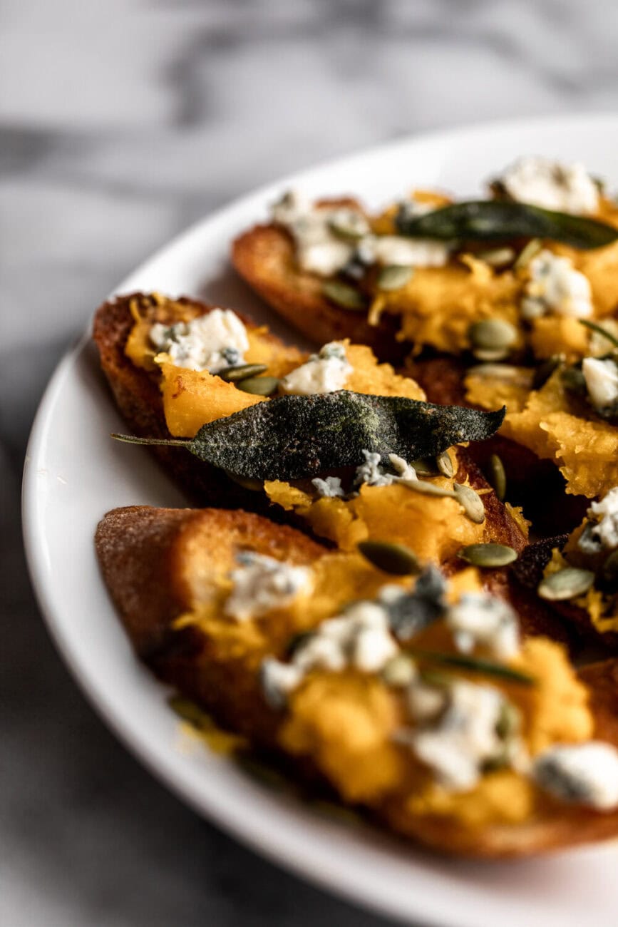 Maple Roasted Pumpkin Crostini with Blue Cheese & Pumpkin Seeds and sage recipe. 