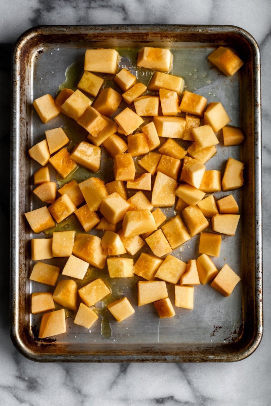Cooking with Cocktail Rings Blogger Kylie Mazon-Chambers shares a photo of diced pumpkins.