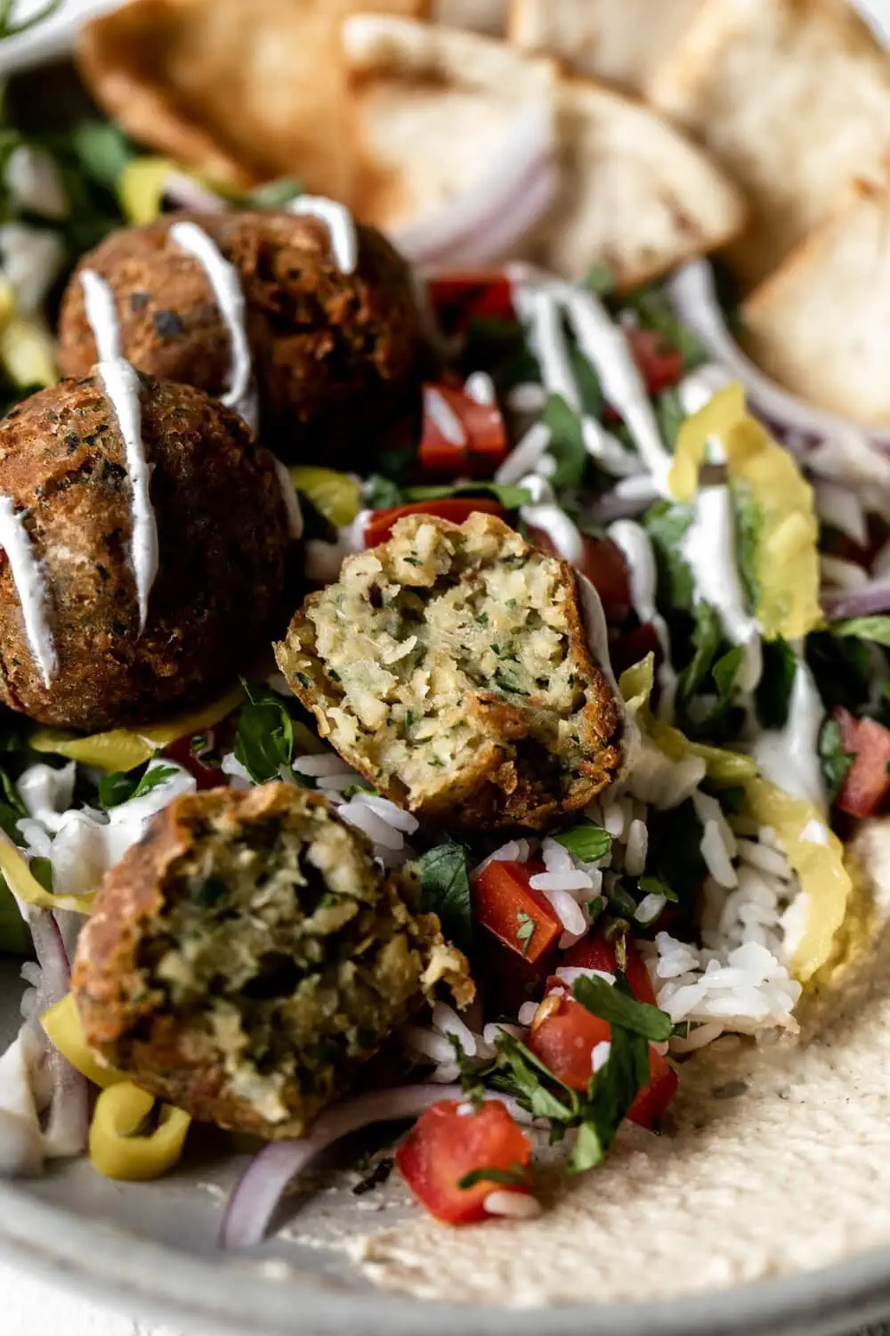 Falafel Bowl with “Tabbouleh” Rice with pita chips