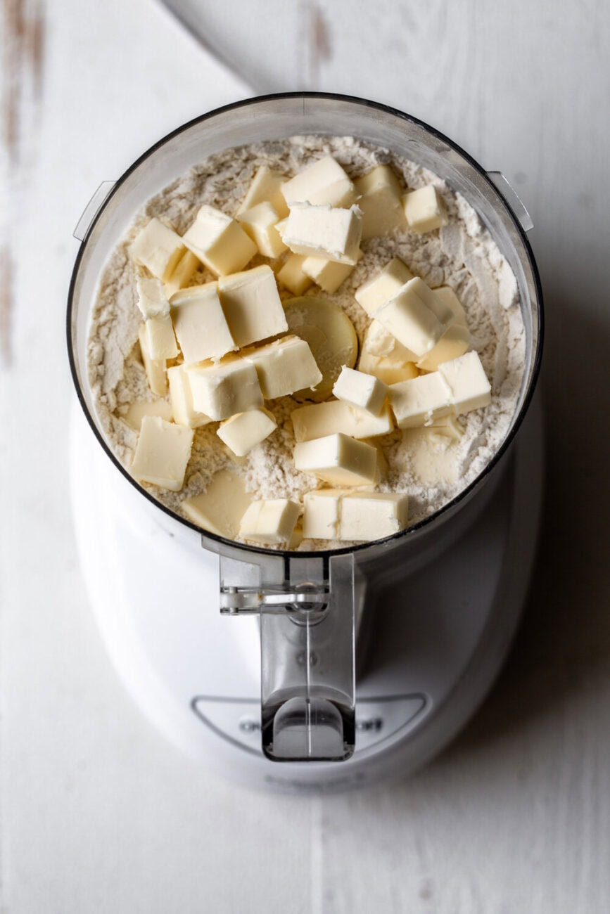 pastry dough with butter in food processor.