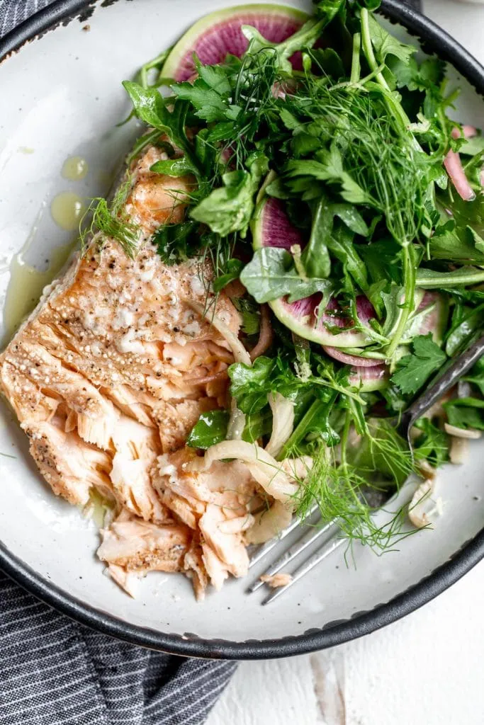 Olive Oil Slow-Poached Salmon with Fennel and Lemon Arugula Herb Salad