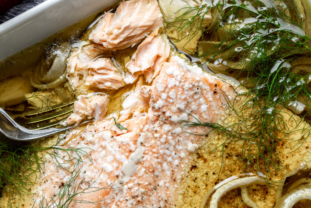 Olive Oil Slow-Poached Salmon with Fennel and Lemon Arugula Herb Salad