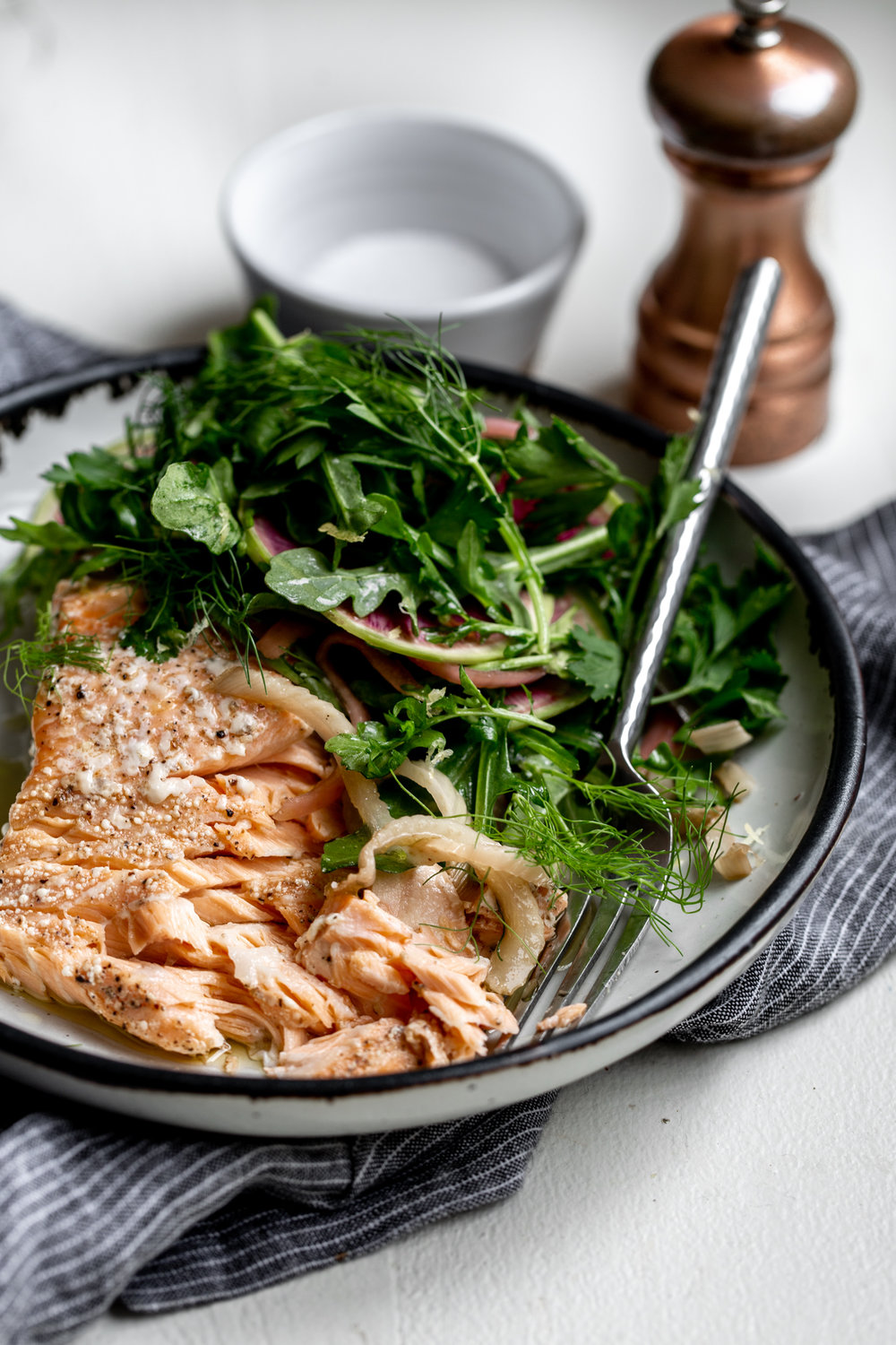 Olive Oil Slow-Poached Salmon with Fennel and Lemon Arugula Herb Salad