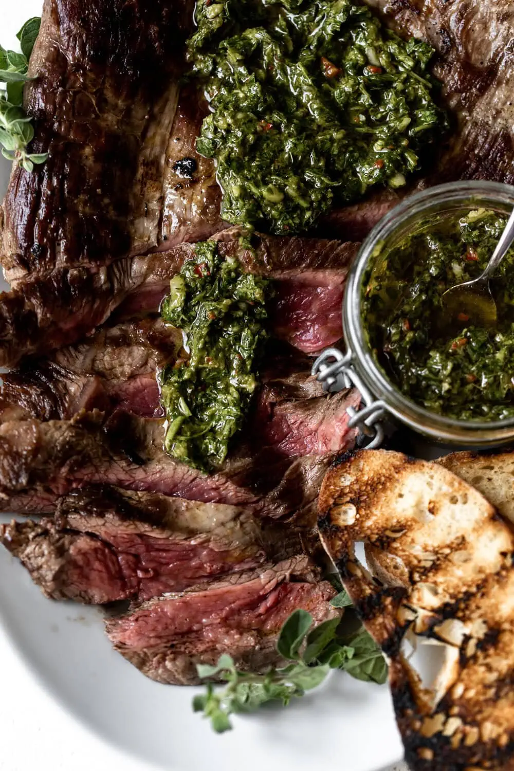 Pan-Seared Flank Steak topped with Chimichurri Sauce