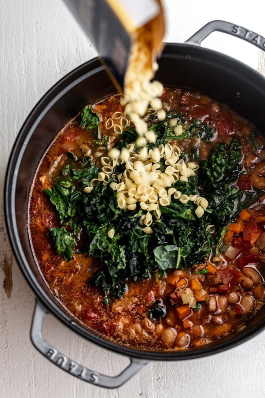 pasta e fagioli with tuscan kale and small shell pasta.