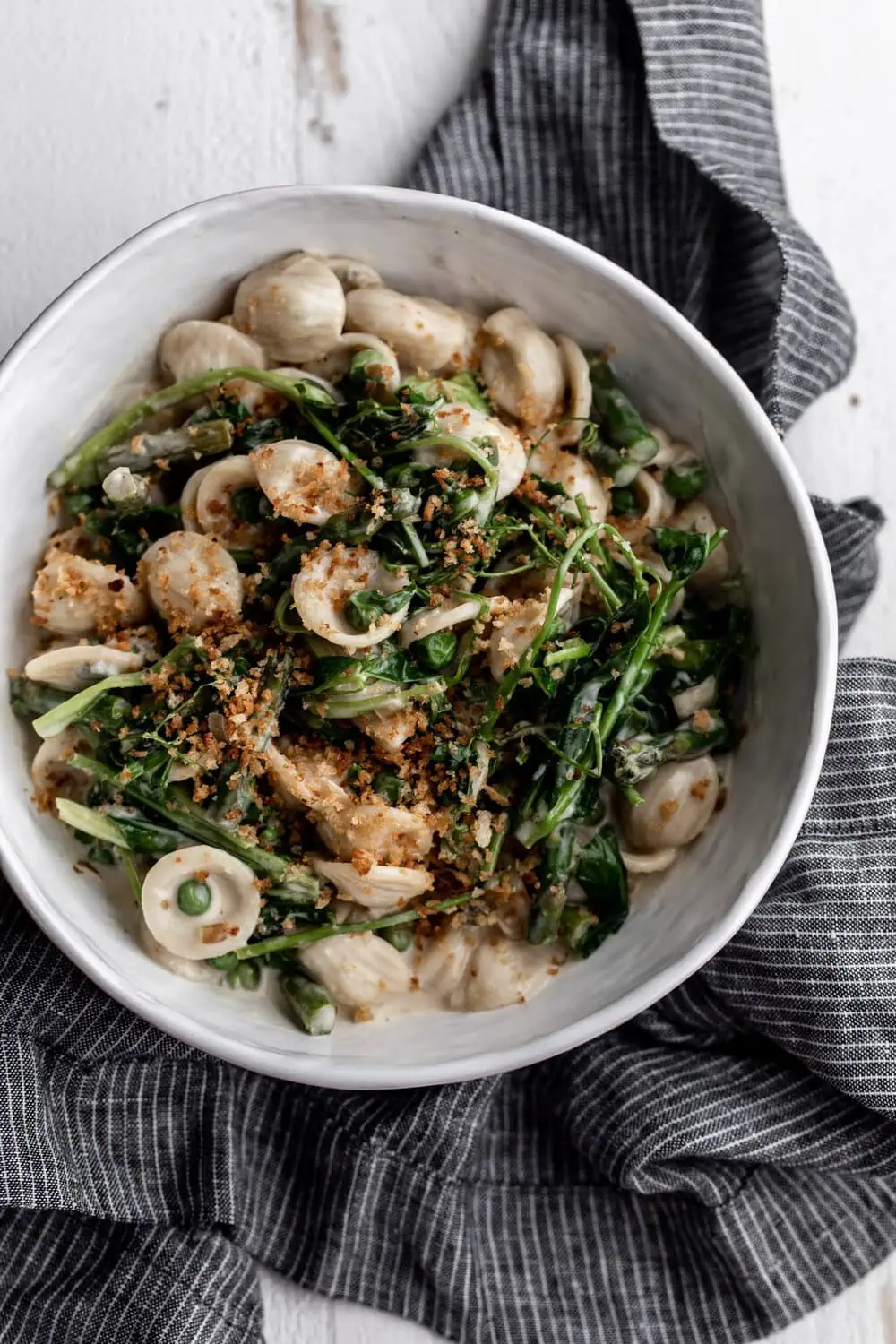Pasta with Gorgonzola, Asparagus & Pea Shoots
