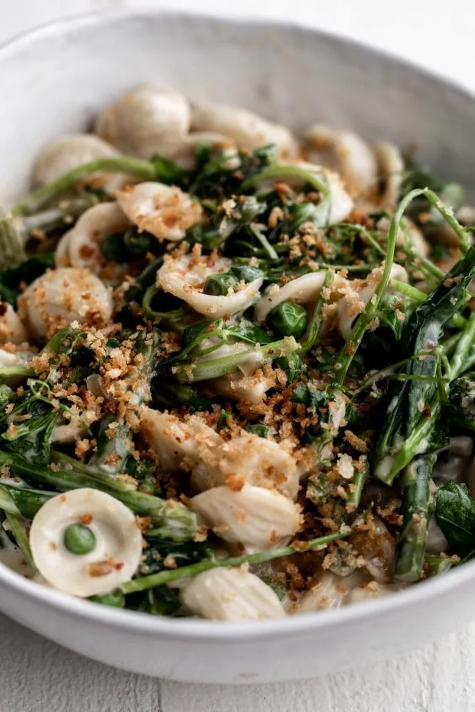 Pasta with Gorgonzola, Asparagus & Pea Shoots