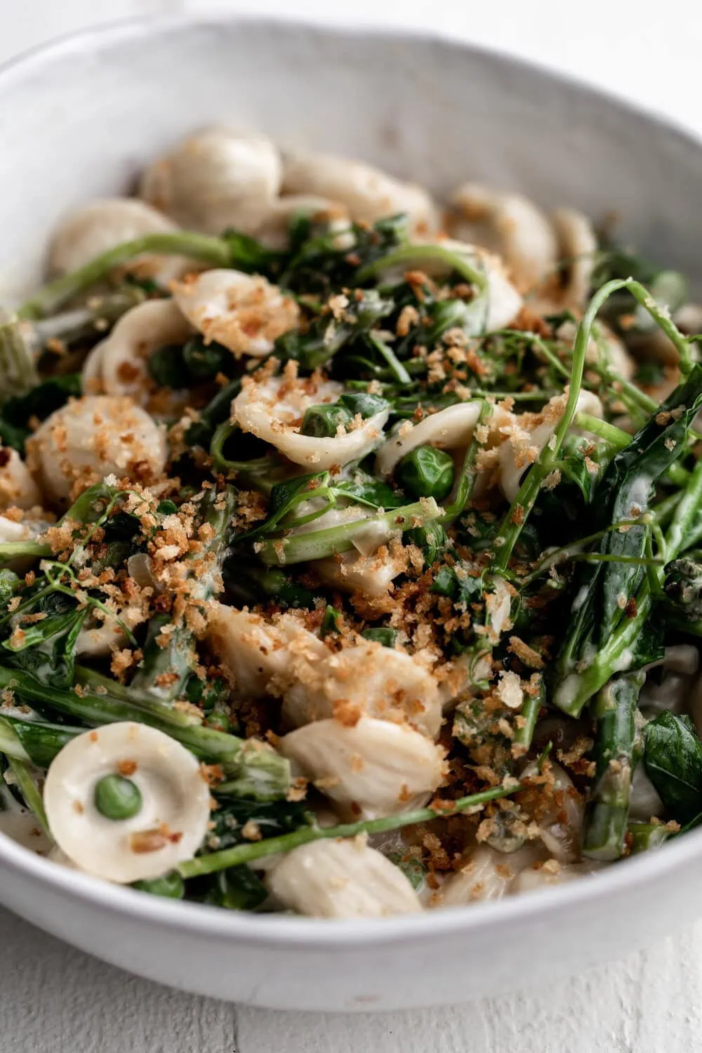 Pasta with Gorgonzola, Asparagus & Pea Shoots and breadcrumbs