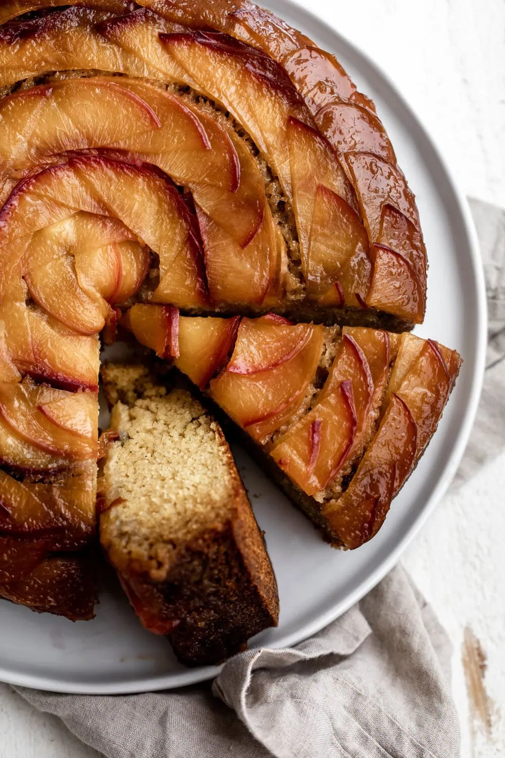 Peach Cornbread Upside-Down Cake recipe with slices 