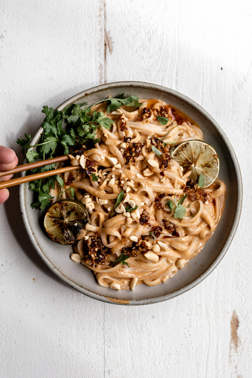 Peanut Noodles with Charred Limes recipe with chopsticks