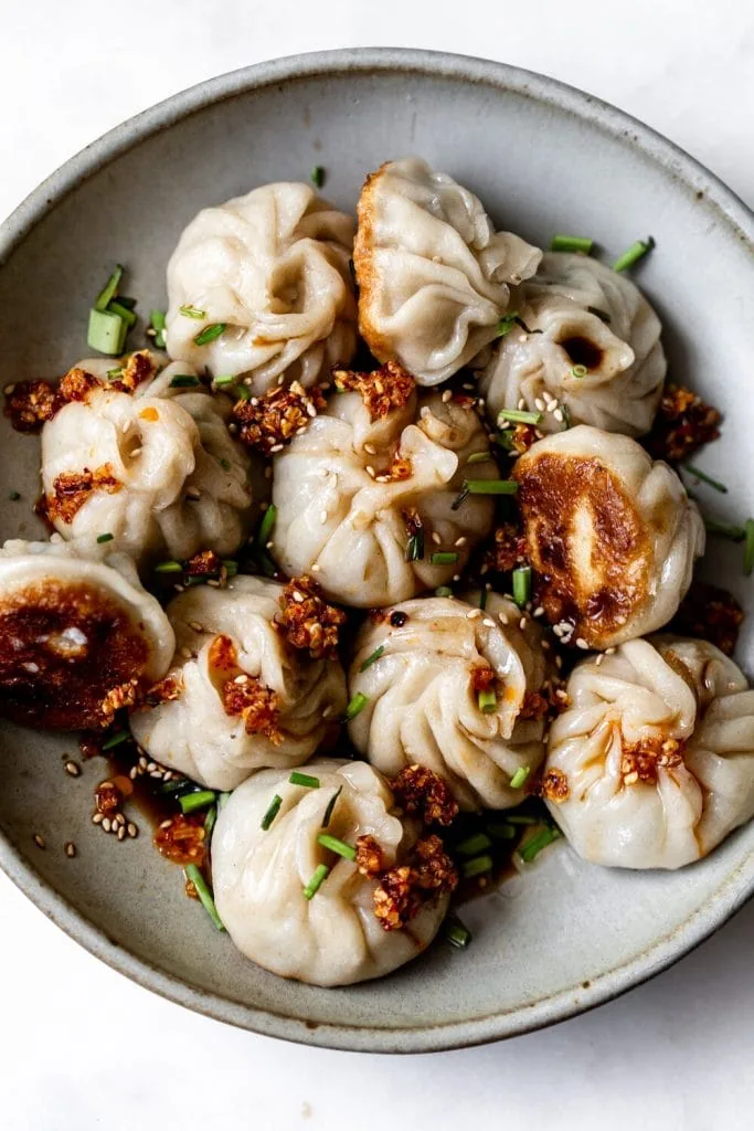 Juicy Pork & Chive Pan-Fried Dumplings with chili crisp