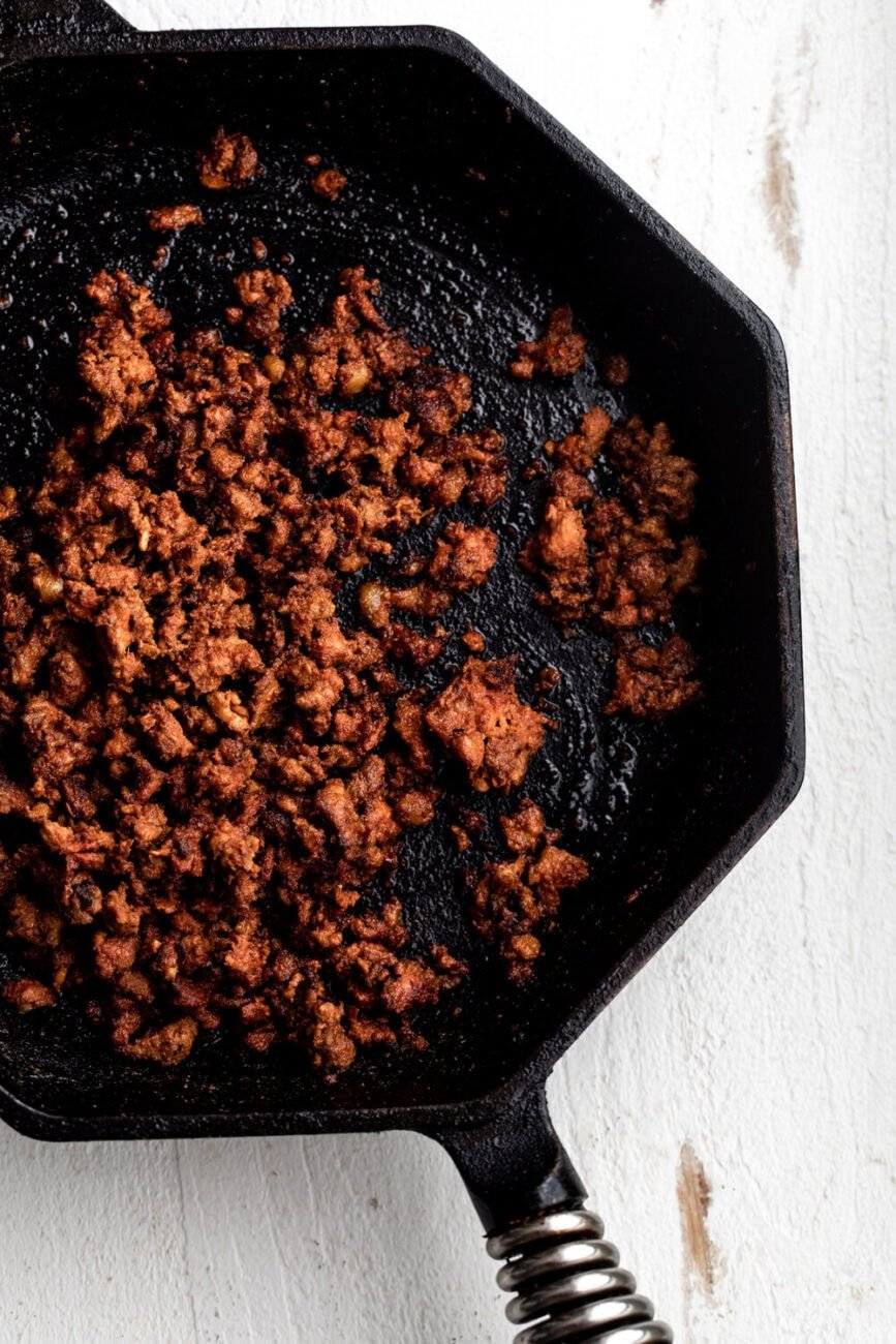 fried chorizo in skillet.