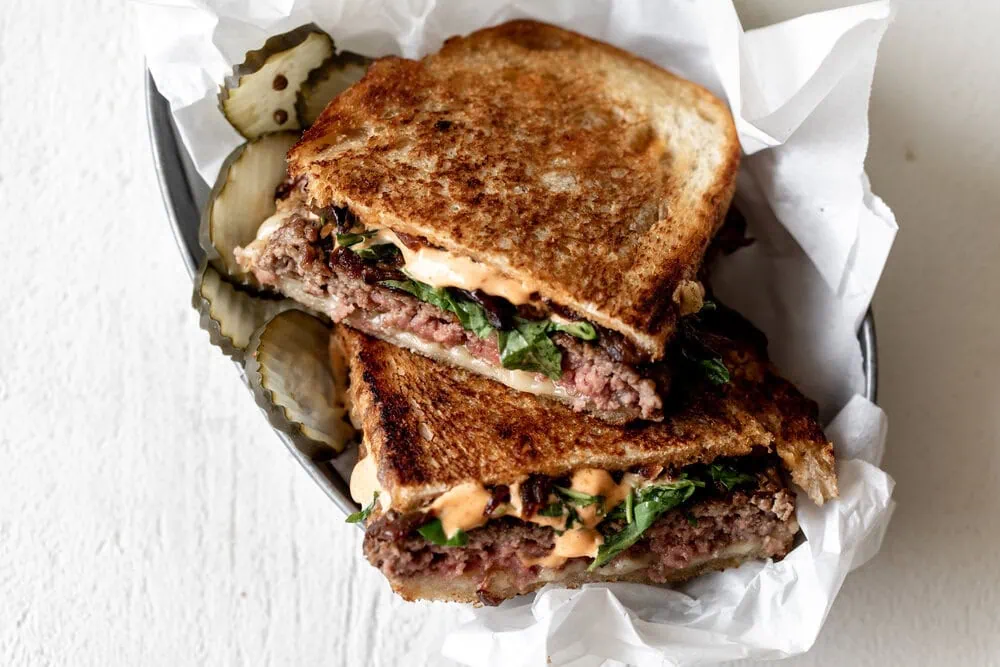 Pressed Patty Melt with Sriracha Mayo
