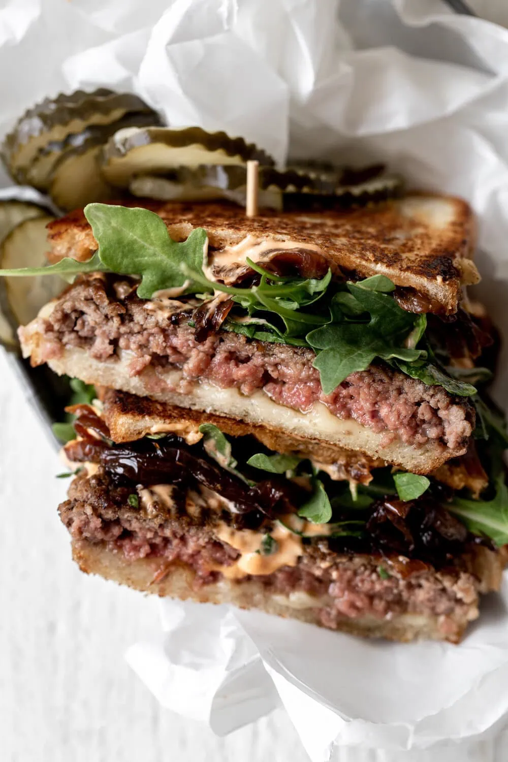 Pressed Patty Melt with Sriracha Mayo closeup